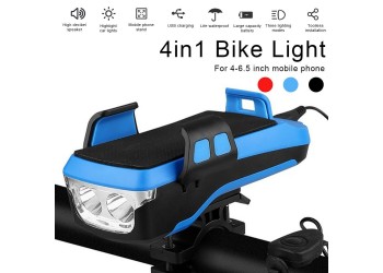 4 In 1 Fiets Licht Led Usb Oplaadbare Koplamp Telefoon Houder Hoorn 2400Mah Power Bank