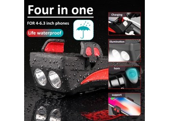 4 In 1 Fiets Licht Led Usb Oplaadbare Koplamp Telefoon Houder Hoorn 2400Mah Power Bank