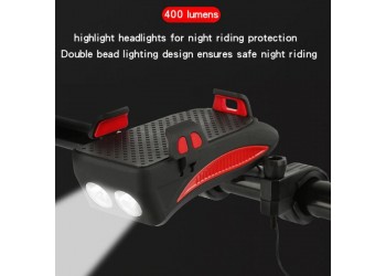 4 In 1 Fiets Licht Led Usb Oplaadbare Koplamp Telefoon Houder Hoorn 2400Mah Power Bank