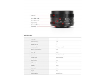 7artisans 50mm F1.8 manual focus lens voor Sony systeem camera + Gratis lenspen + 52mm uv filter en zonnekap