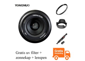 Yongnuo 40mm F2.8 autofocus lens voor Nikon F DSLR camera met gratis 58mm uv-filter, zonnekap, lenspen