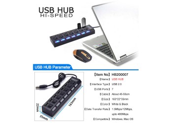 7 poorten LED USB 2.0 Adapter Hub aan/uit Schakelaar PC Laptop