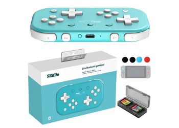 8Bitdo Turquoise Lite Draadloze Bluetooth Game Controller + JoyCon caps + kaarthouder