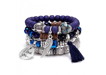 4 in 1 Blauwe Vleugels kwast natuursteen set armband imitatie bodhi kralen Boheemse armband 