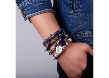 4 in 1 Blauwe Vleugels kwast natuursteen set armband imitatie bodhi kralen Boheemse armband 