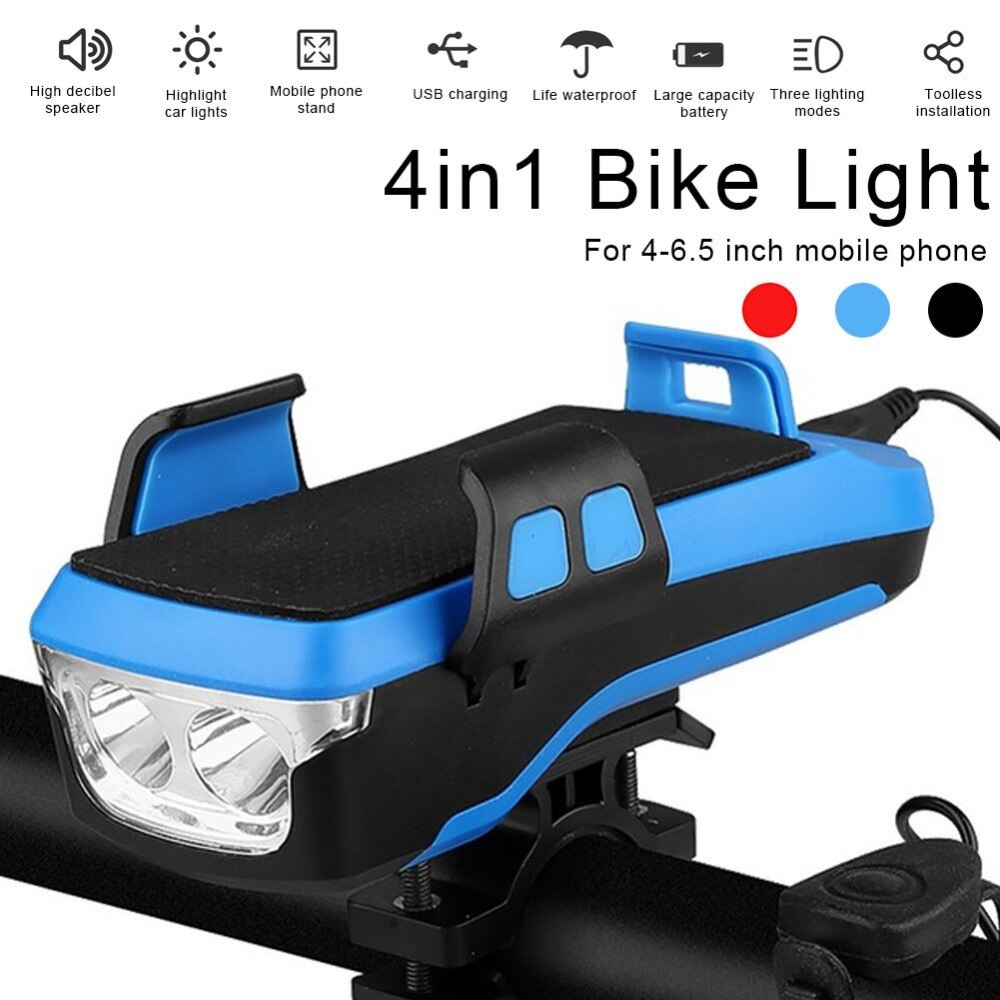 4 In 1 Fiets Licht Led Usb Oplaadbare Koplamp Telefoon Houder Hoorn 2400Mah Power Bank