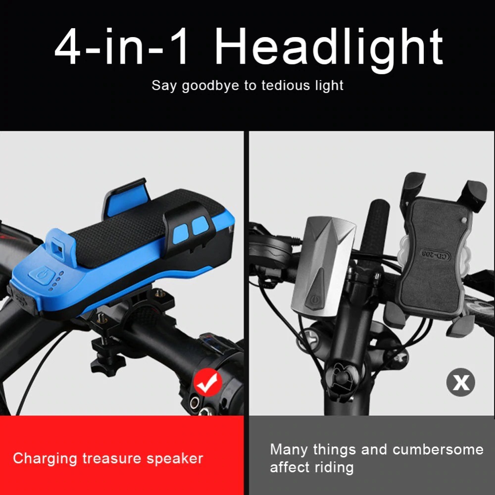 4 In 1 Fiets Licht Led Usb Oplaadbare Koplamp Telefoon Houder Hoorn 2400Mah Power Bank