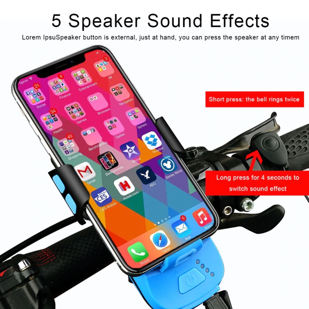 4 In 1 Fiets Licht Led Usb Oplaadbare Koplamp Telefoon Houder Hoorn 2400Mah Power Bank