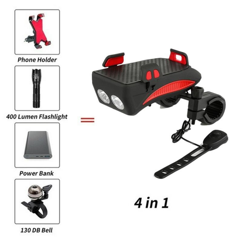 4 In 1 Fiets Licht Led Usb Oplaadbare Koplamp Telefoon Houder Hoorn 2400Mah Power Bank