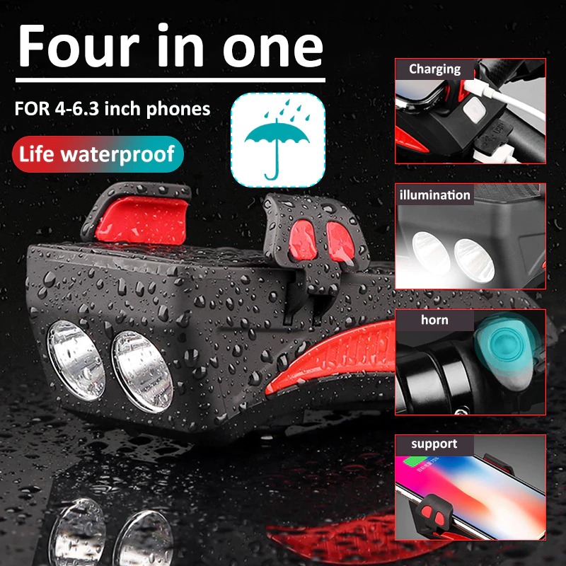 4 In 1 Fiets Licht Led Usb Oplaadbare Koplamp Telefoon Houder Hoorn 2400Mah Power Bank
