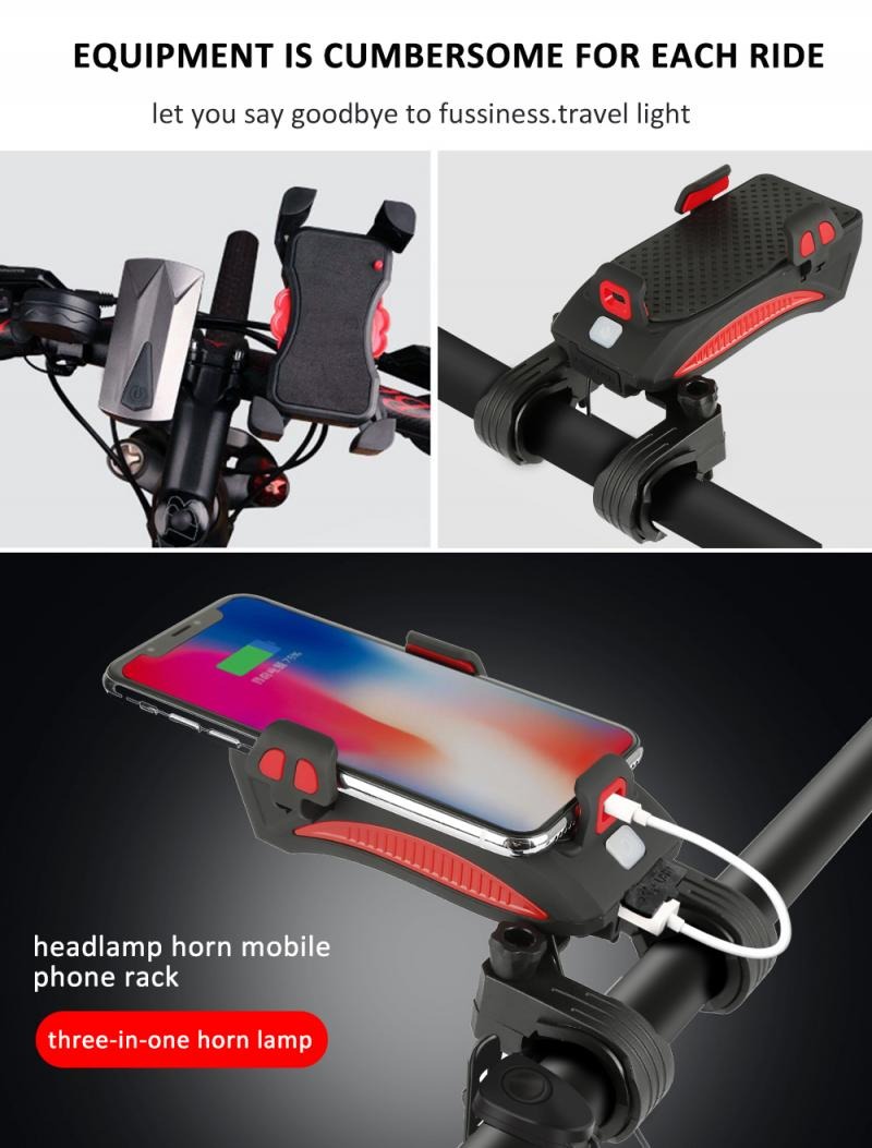 4 In 1 Fiets Licht Led Usb Oplaadbare Koplamp Telefoon Houder Hoorn 2400Mah Power Bank