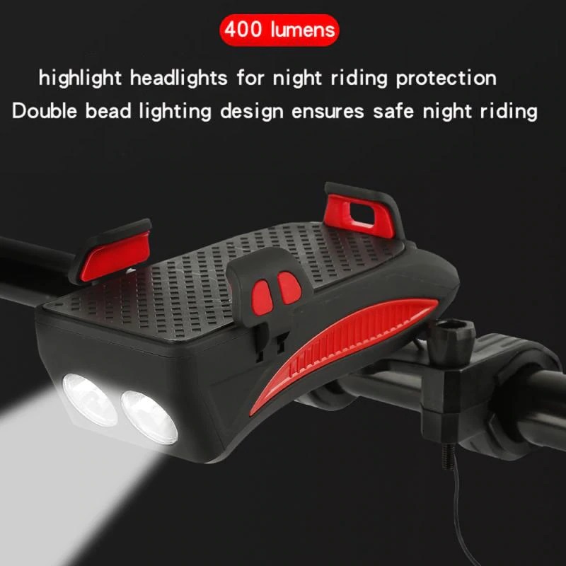 4 In 1 Fiets Licht Led Usb Oplaadbare Koplamp Telefoon Houder Hoorn 2400Mah Power Bank