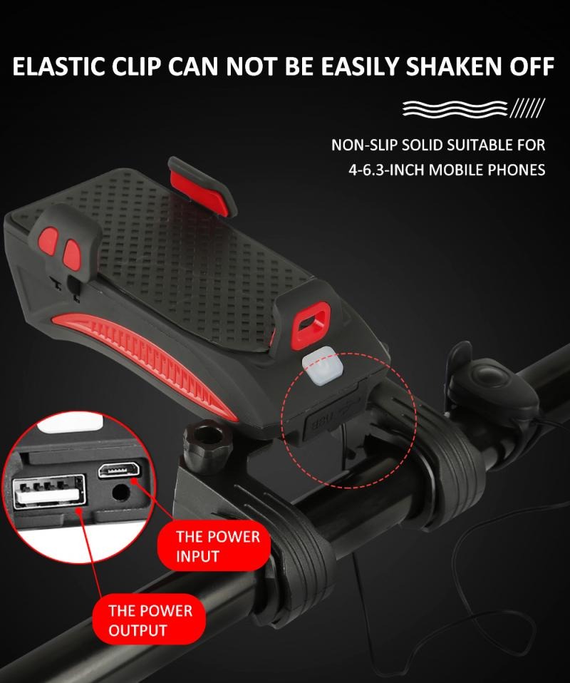 4 In 1 Fiets Licht Led Usb Oplaadbare Koplamp Telefoon Houder Hoorn 2400Mah Power Bank