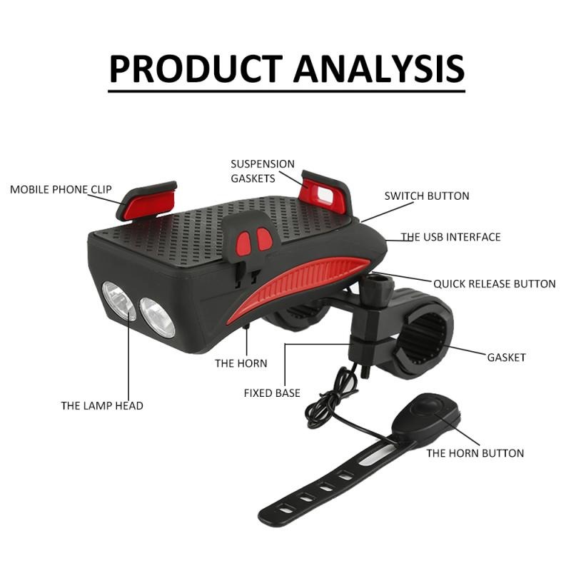 4 In 1 Fiets Licht Led Usb Oplaadbare Koplamp Telefoon Houder Hoorn 2400Mah Power Bank