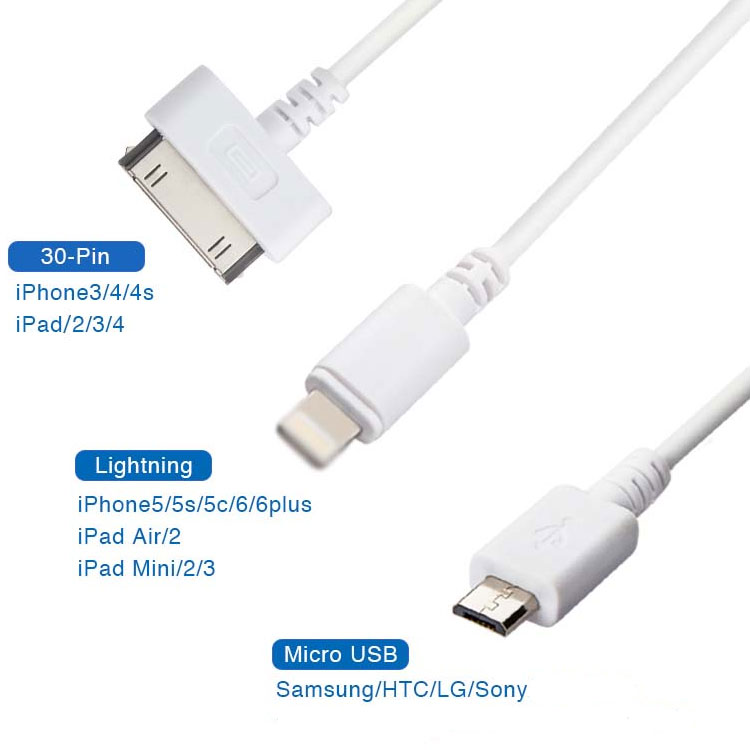 3 in 1 iPhone 30pin lightning Android micro usb Snelle Opladen kabel