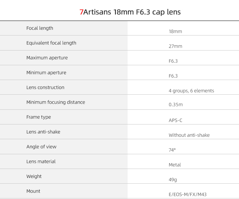 7artisans 18 mm F6.3 Ultradun Handmatige lens voor Fujifilm FX-mount + Gratis lenspen en lens tas