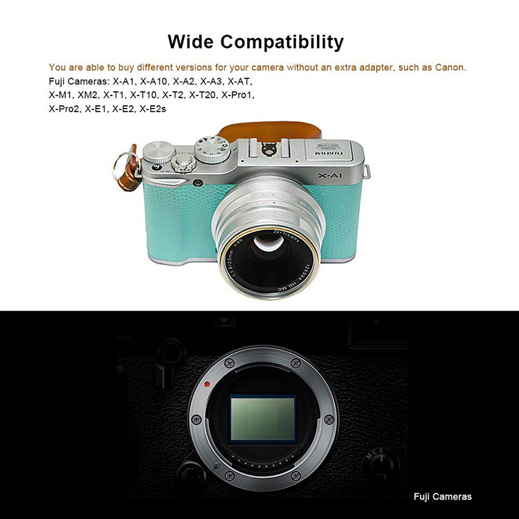 7artisans 25mm F1.8 manual focus lens voor Fujifilm systemcamera + Gratis lenspen + 46mm uv filter en zonnekap