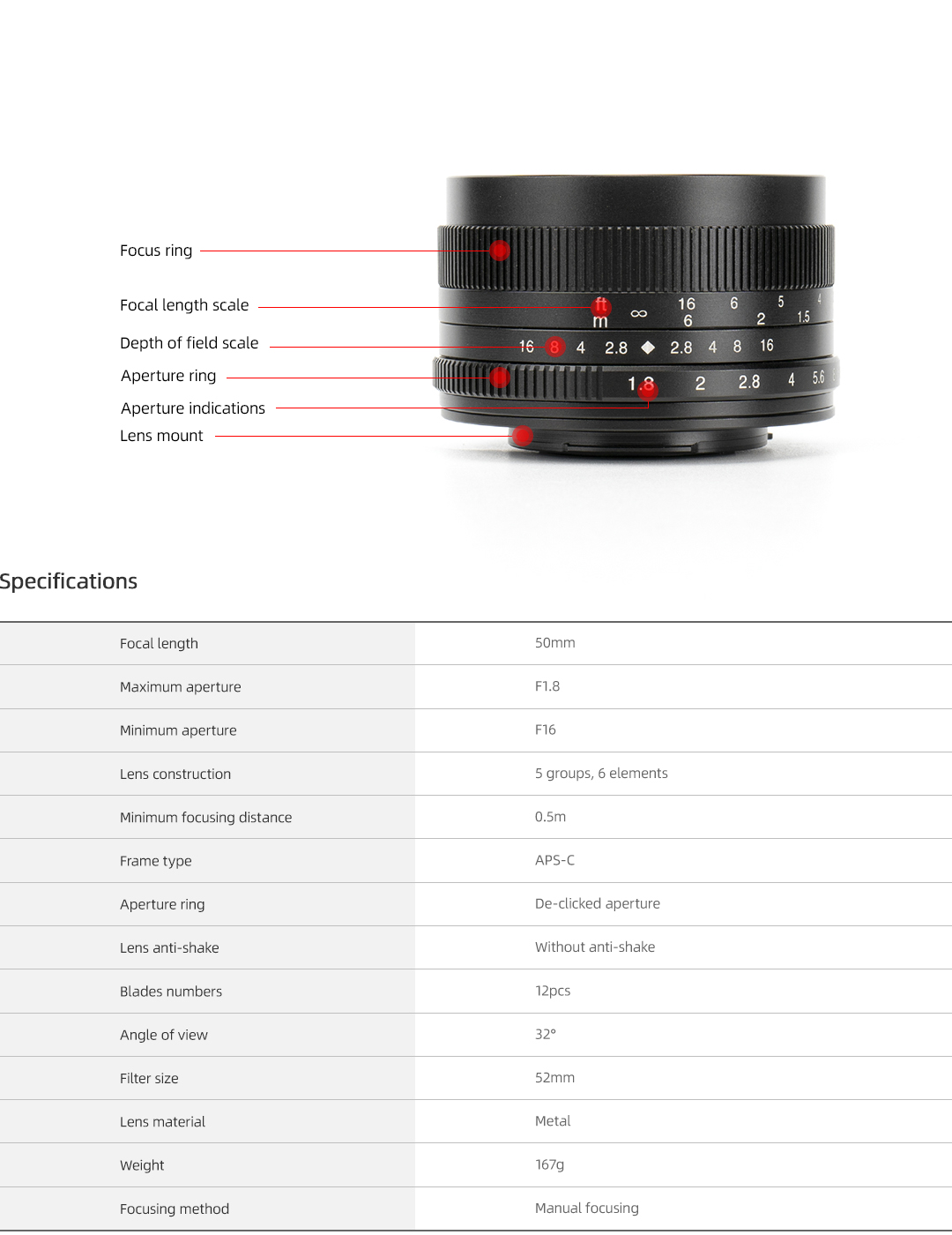 7artisans 50mm F1.8 manual focus lens voor Fujifilm systeem camera + Gratis lenspen + 52mm uv filter en zonnekap