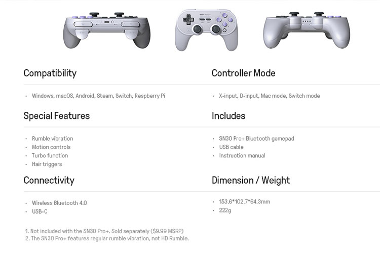 8Bitdo SN30 Pro Plus Draadloze Bluetooth Game Controller + JoyCon caps + kaarthouder