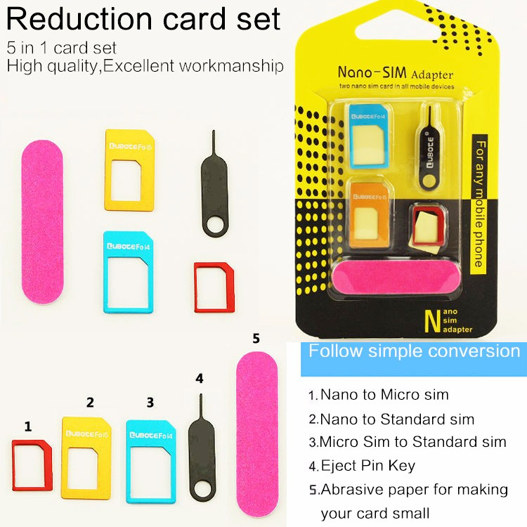 5 in 1 Nano Sim Card Adapters + Regular & Micro Sim iPhone