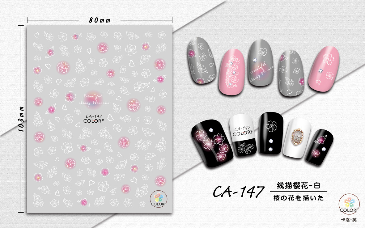 3D Nagel Sticker Coole stickers voor nagel folie Fashion Manicure Stickers Nagels CA-147 Kersebloesem Wit