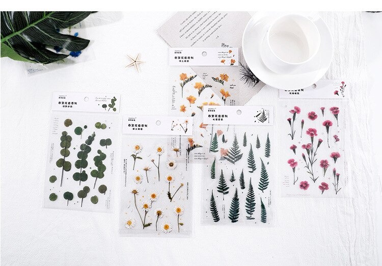 18 stuk Natuurlijke Daisy Clover Woorden Stickers Transparante Bloemen Bladeren Planten Deco