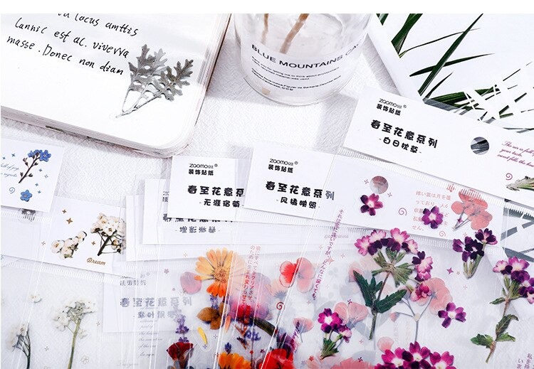 18 stuk Natuurlijke Daisy Clover Woorden Stickers Transparante Bloemen Bladeren Planten Deco