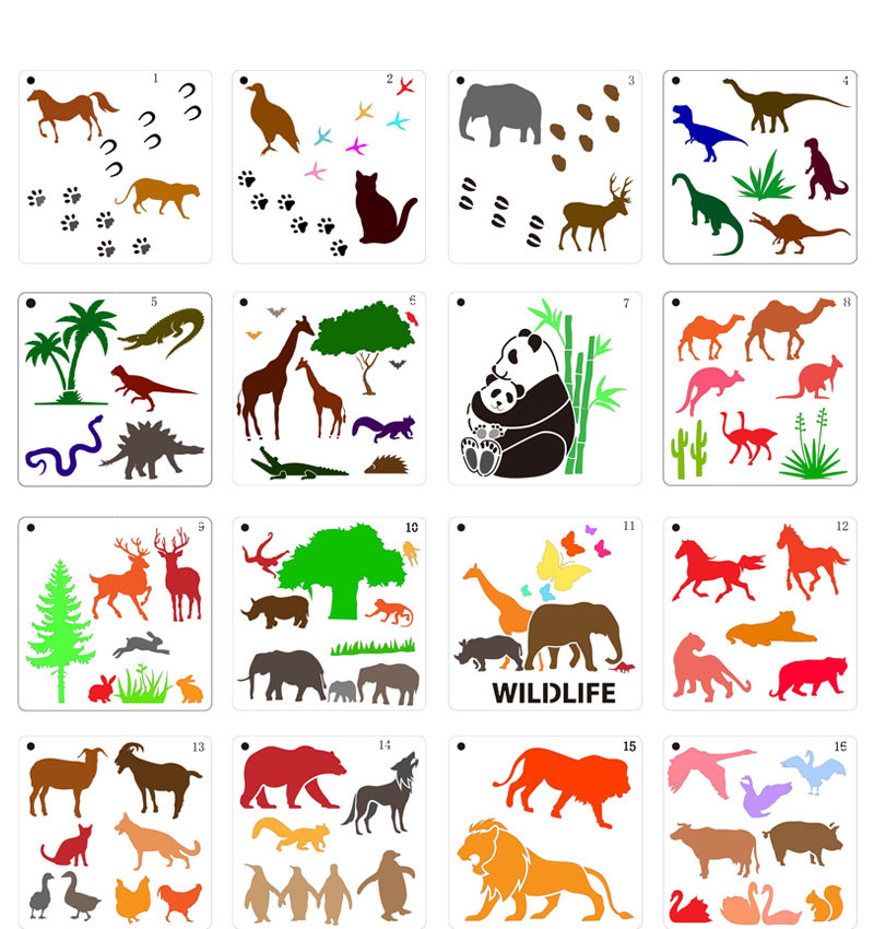 16 in 1 Kaart DIY Album Masking Spray Geschilderd Template Tekening Stencils Schilderen Scrapbooking Card Dieren