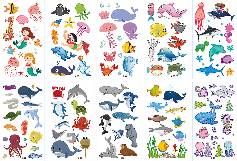 10 stuk Tattoo Sticker Gezicht Hand Cartoon Nep Tatoo Tijdelijke Waterdichte Taty model E Zee