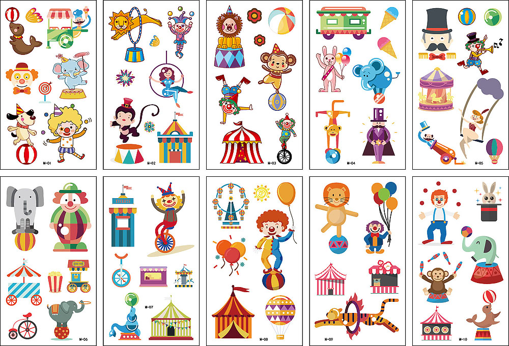10 stuk Tattoo Sticker Gezicht Hand Cartoon Nep Tatoo Tijdelijke Waterdichte Taty model M Circus