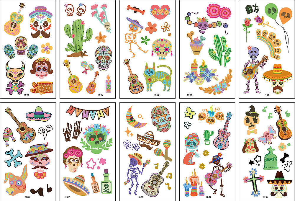 10 stuk Tattoo Sticker Gezicht Hand Cartoon Nep Tatoo Tijdelijke Waterdichte Taty model N Doden Dag