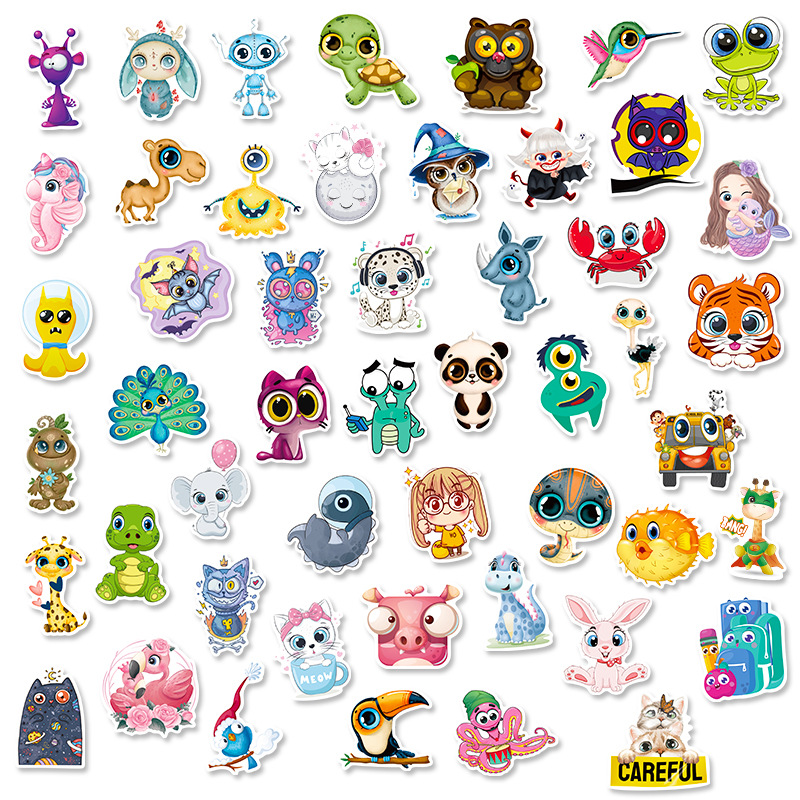50 stuk schattige cartoon grote ogen dier Cartoon stickers voor kinderen en volwassenen Beloningsstickers Journal Laptop Telefoon Stickers