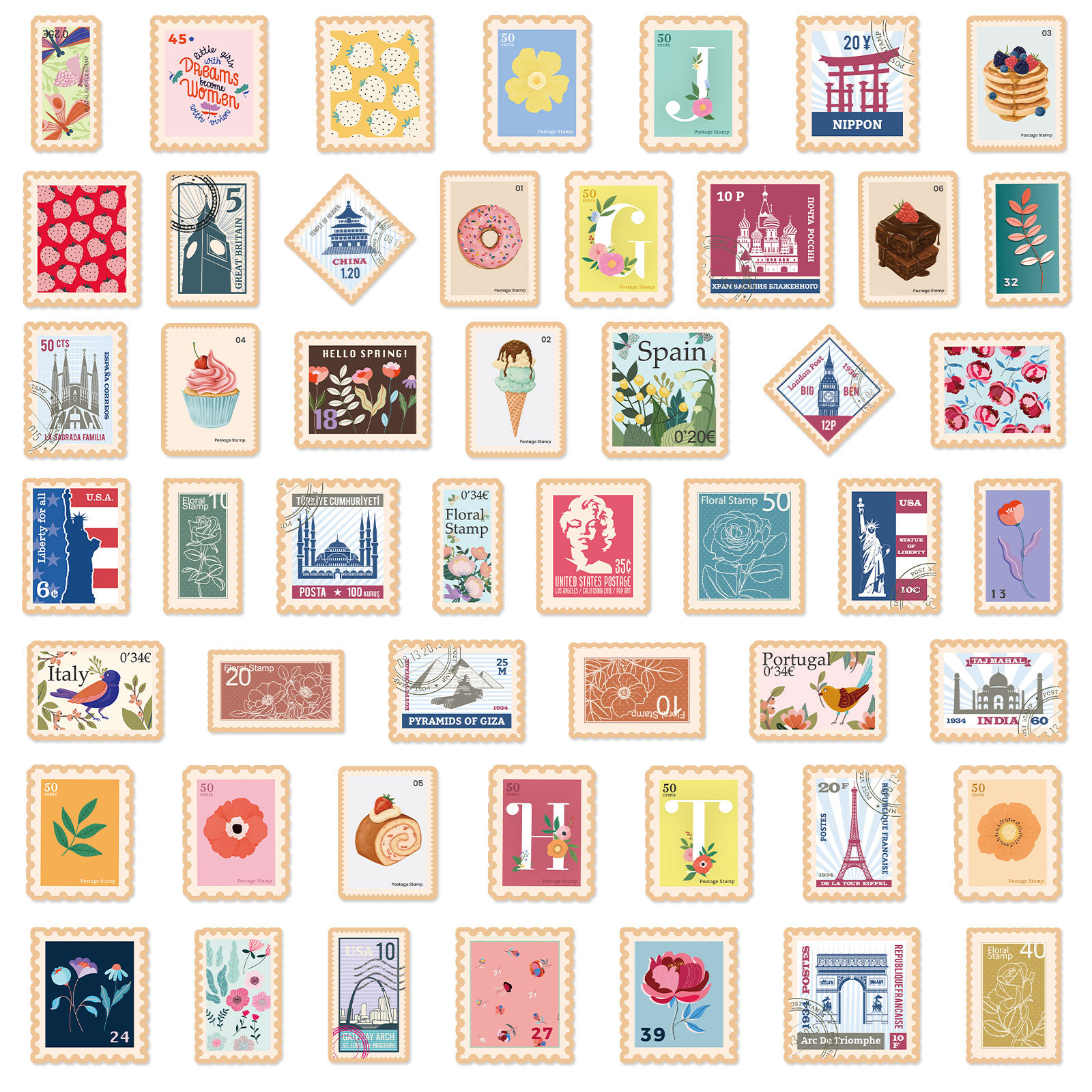 50 stuk vintage stempel Cartoon stickers voor kinderen en volwassenen Beloningsstickers Journal Laptop Telefoon Stickers