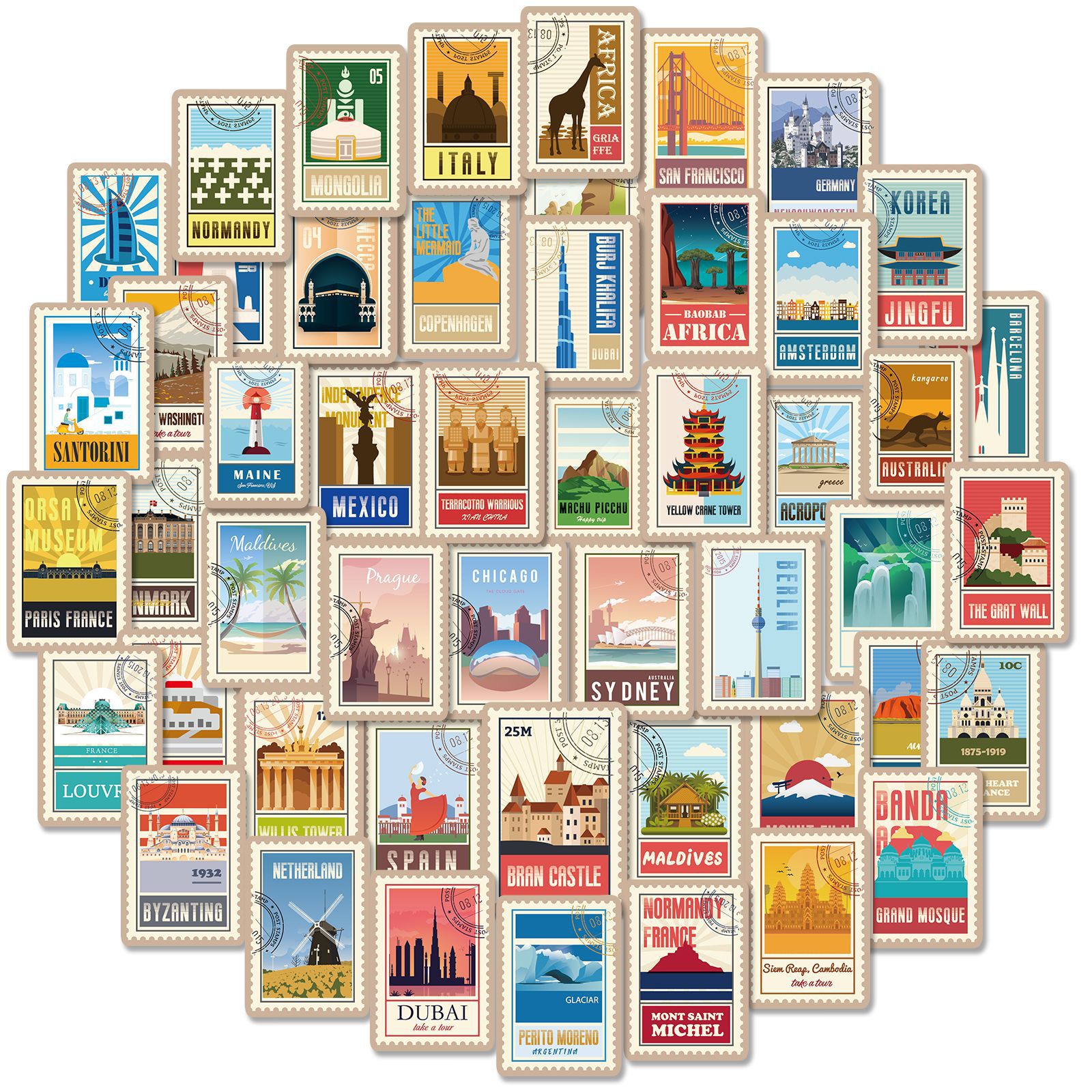 50 stuk wereld attracties postzegel Cartoon stickers voor kinderen en volwassenen Beloningsstickers Journal Laptop Telefoon Stickers
